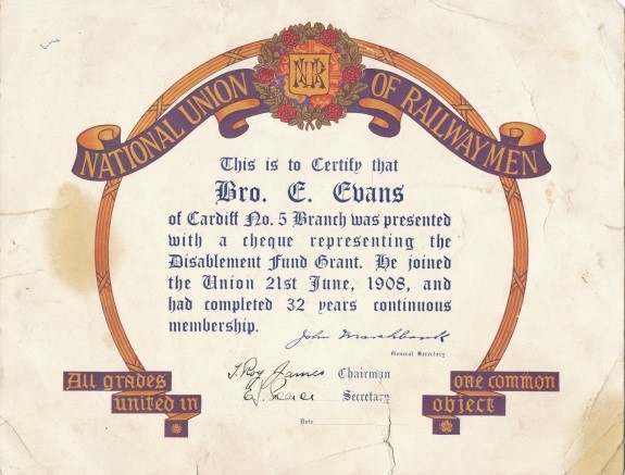 Edwin's National Union of Railway Me certificate