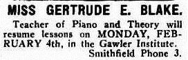 Advert for Miss Gertrude E Blake lessons