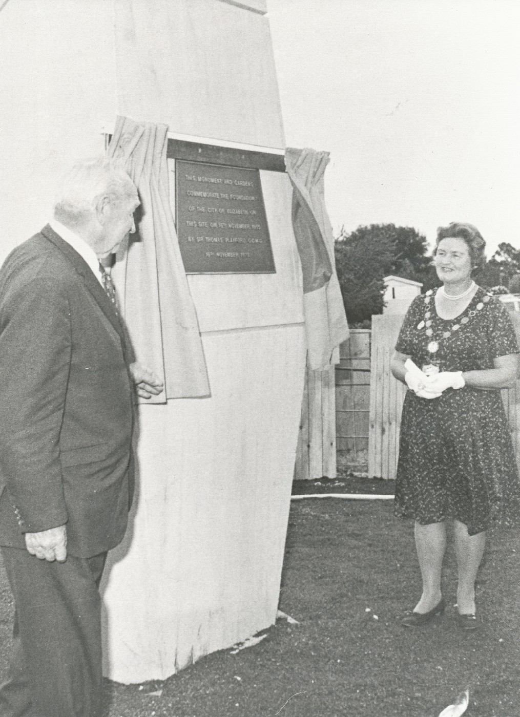 Sir Thomas Playford and Mayor of Elizabeth, Mrs Joyce Eastland at the opening of the Park on 16 November 1975Sir Thomas Playford and Mayor of Elizabeth, Mrs Joyce Eastland at the opening of the Park on 16 November 1975