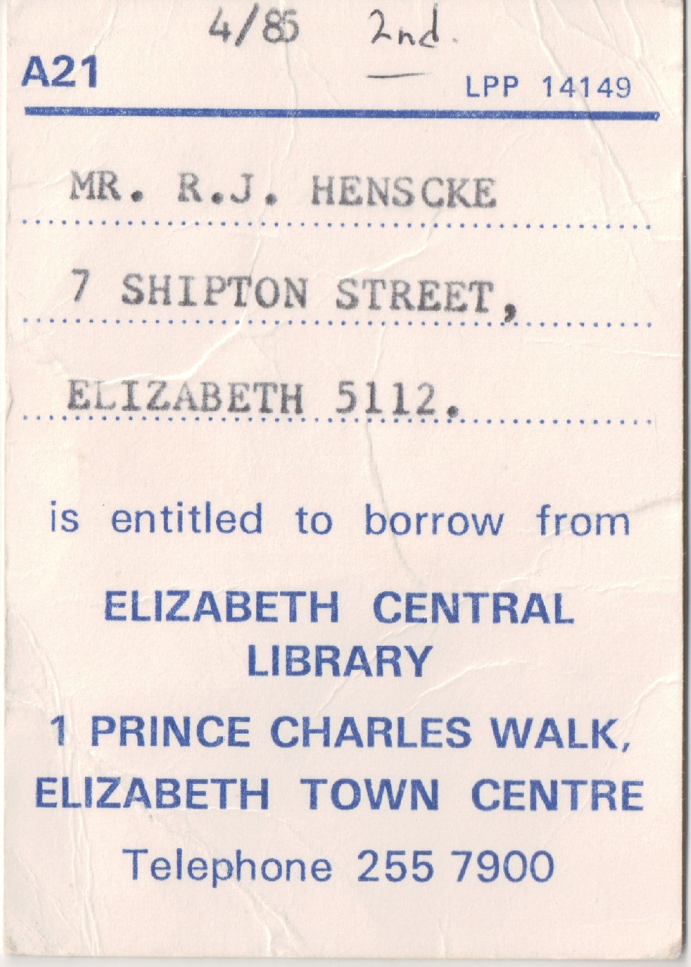 Elizabeth Library Card